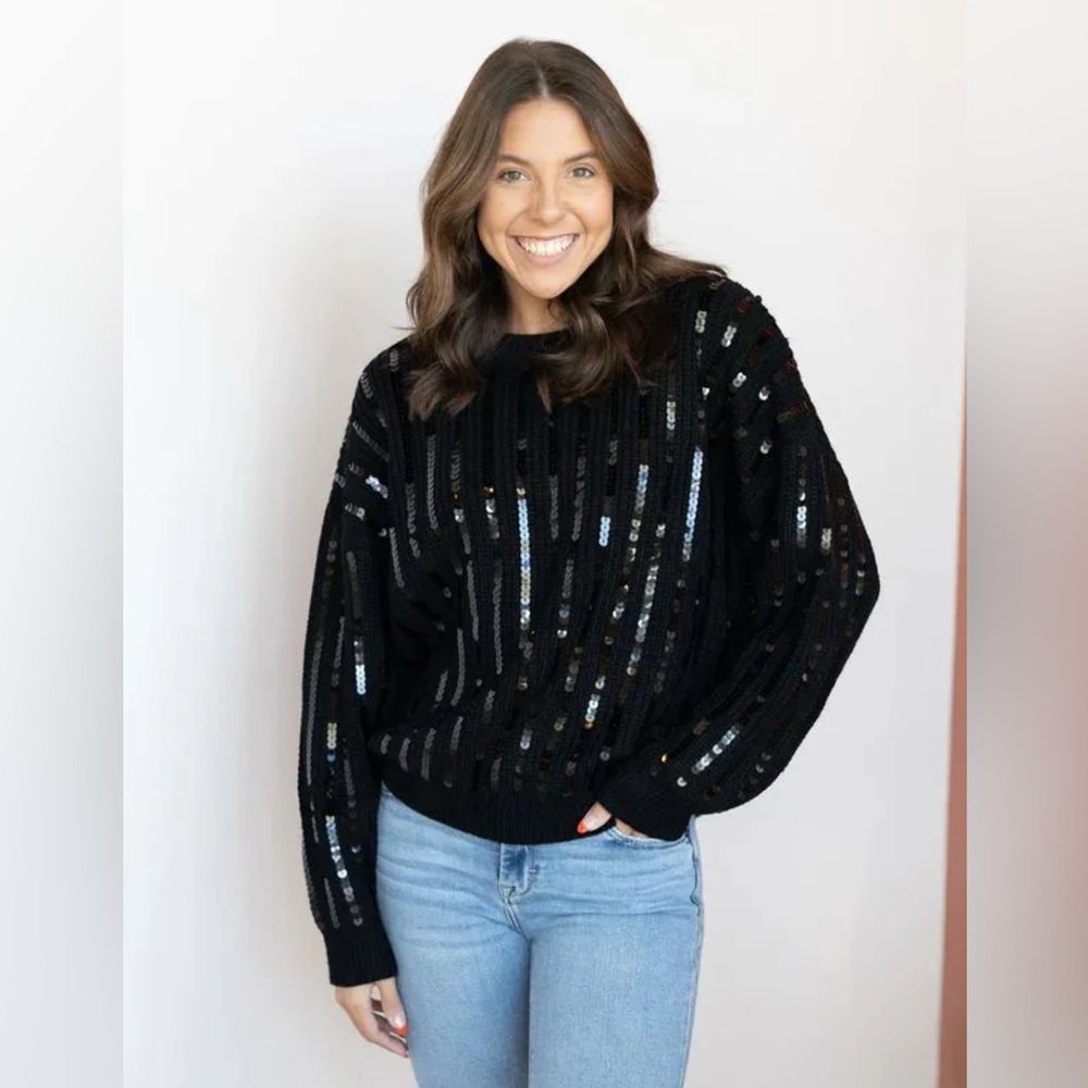 Womens Size large LISTEN TO YOUR HEART SEQUIN SWEATER • BLACK